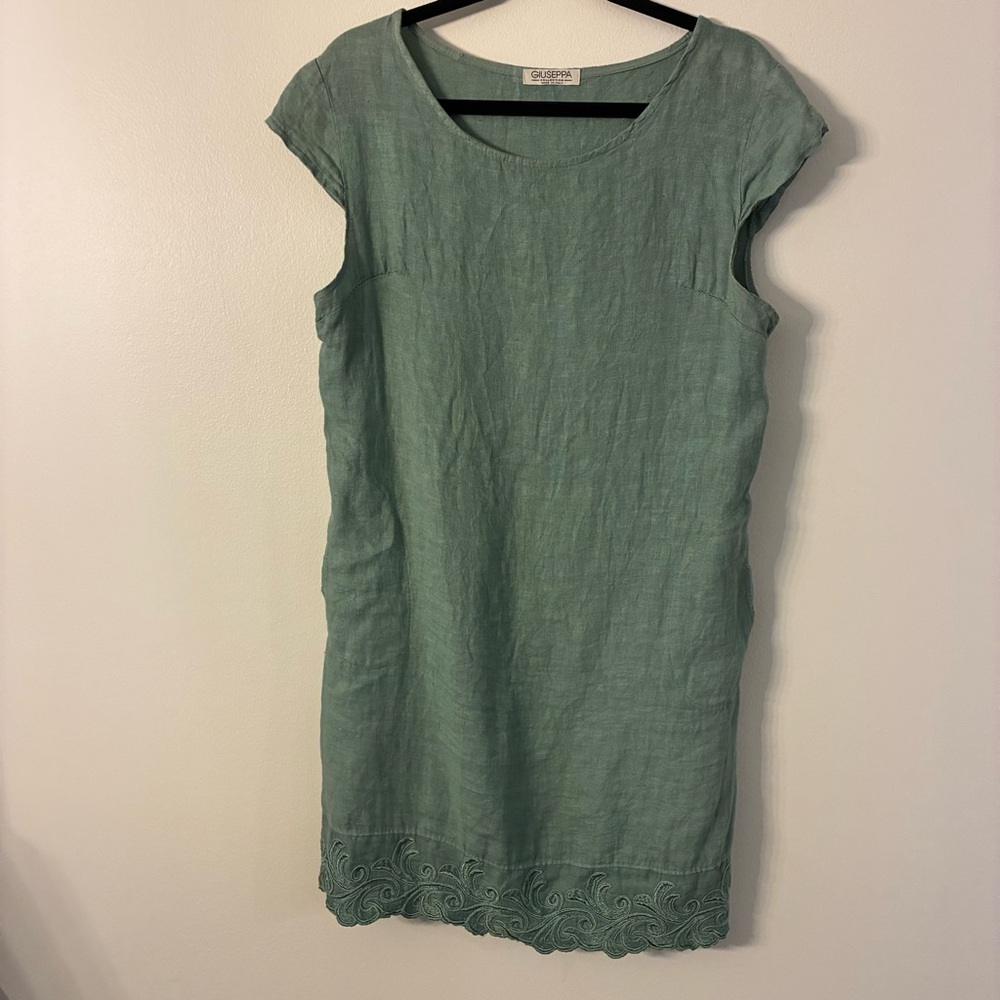 Giuseppa made in Italy Green Linen Dress with Embroidered Hem, size M